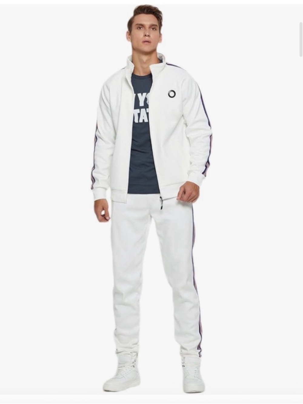 Men's White Track Joggers - Classic Comfort & Zip Up Jacket